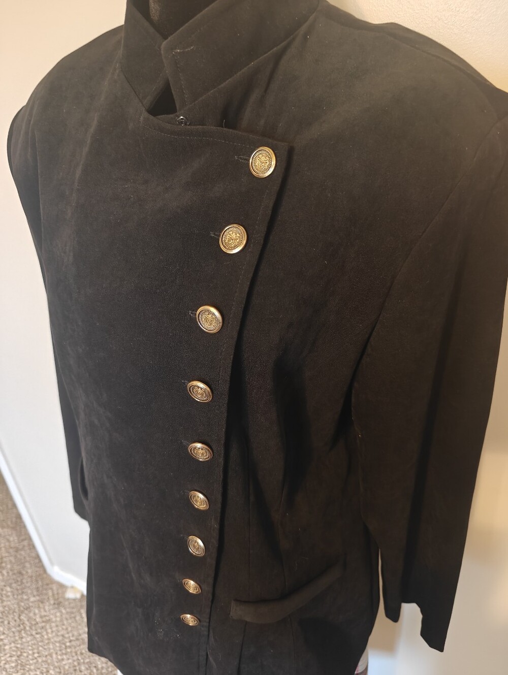 VTG Velveteen High Collar XL Jacket Military Brass Buttons Black Asymmetrical
